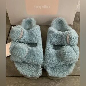 Birkenstock Big Buckle Arizona Papillio Faded Aqua Blue Shearling Sandals NEW 8